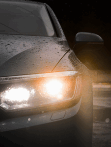 Car at night with headlights on